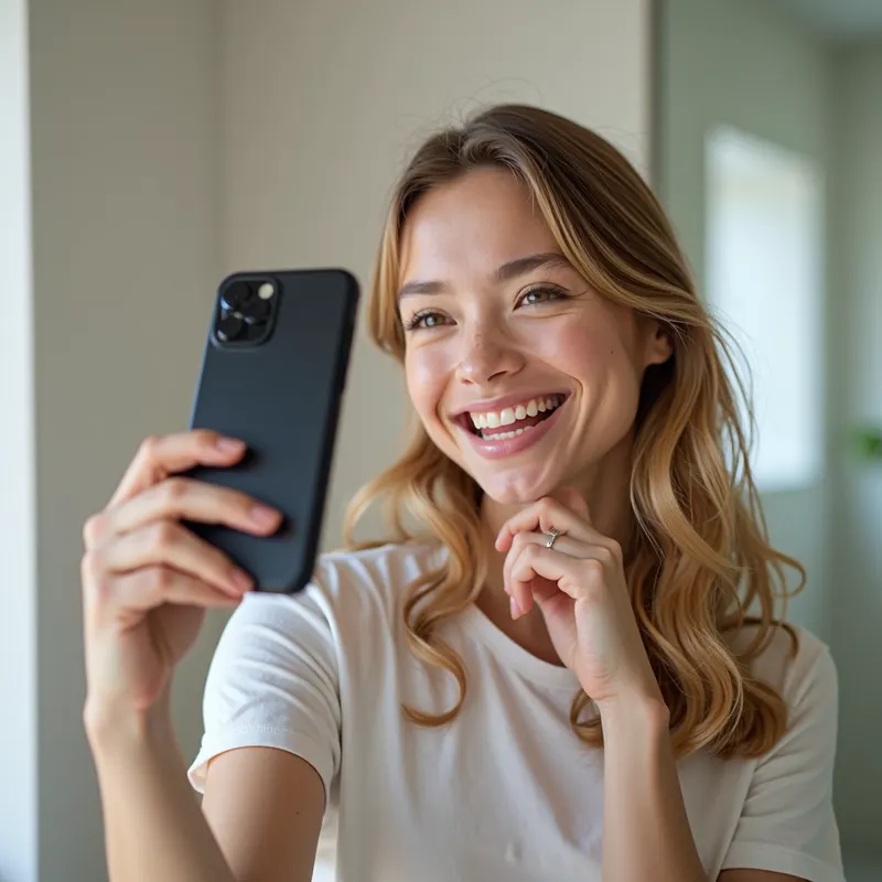 Person smiling while taking a photo of themselves with a smartphone